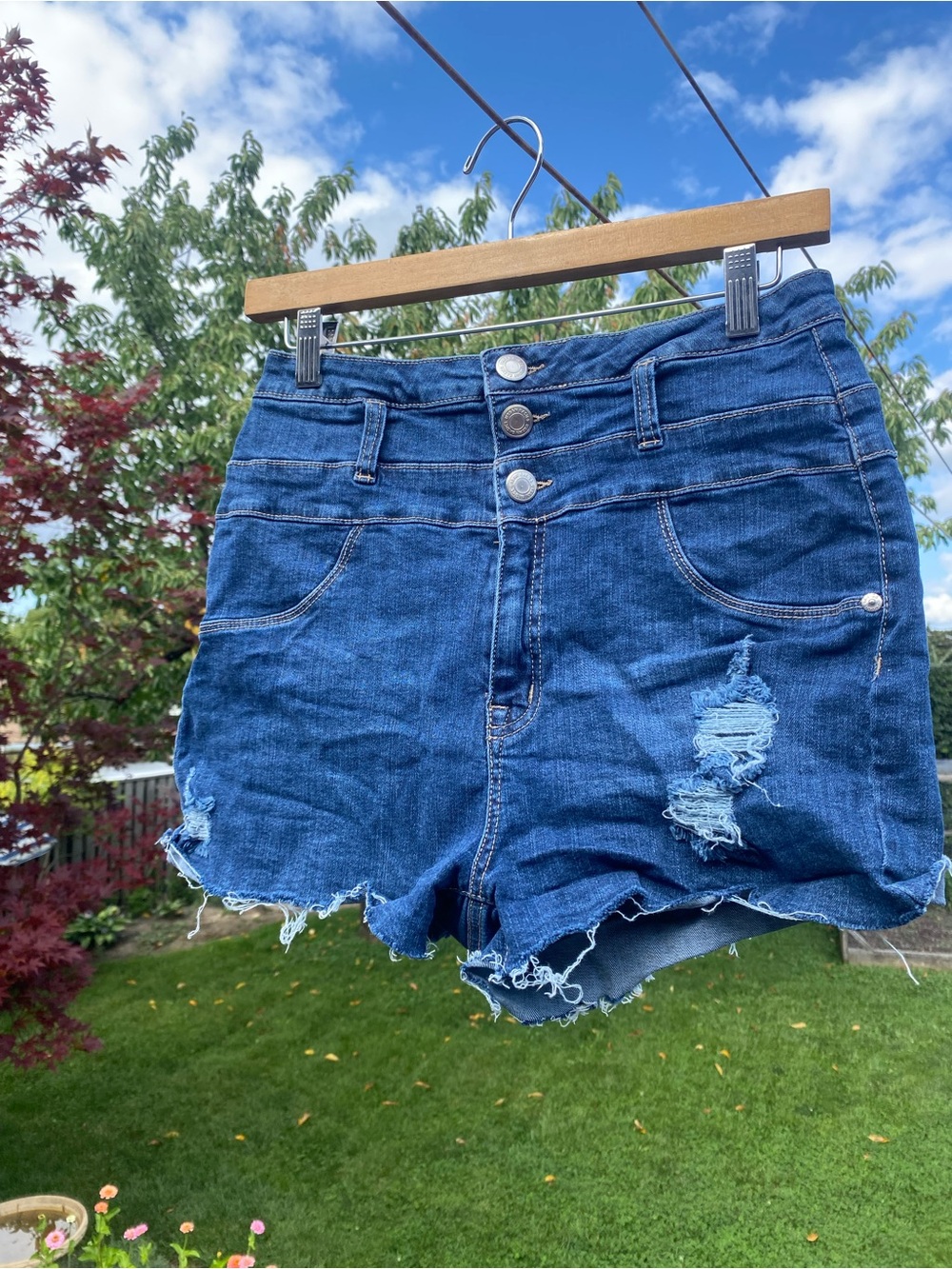 High-Rise Distressed Denim Shorts - Dark Blue